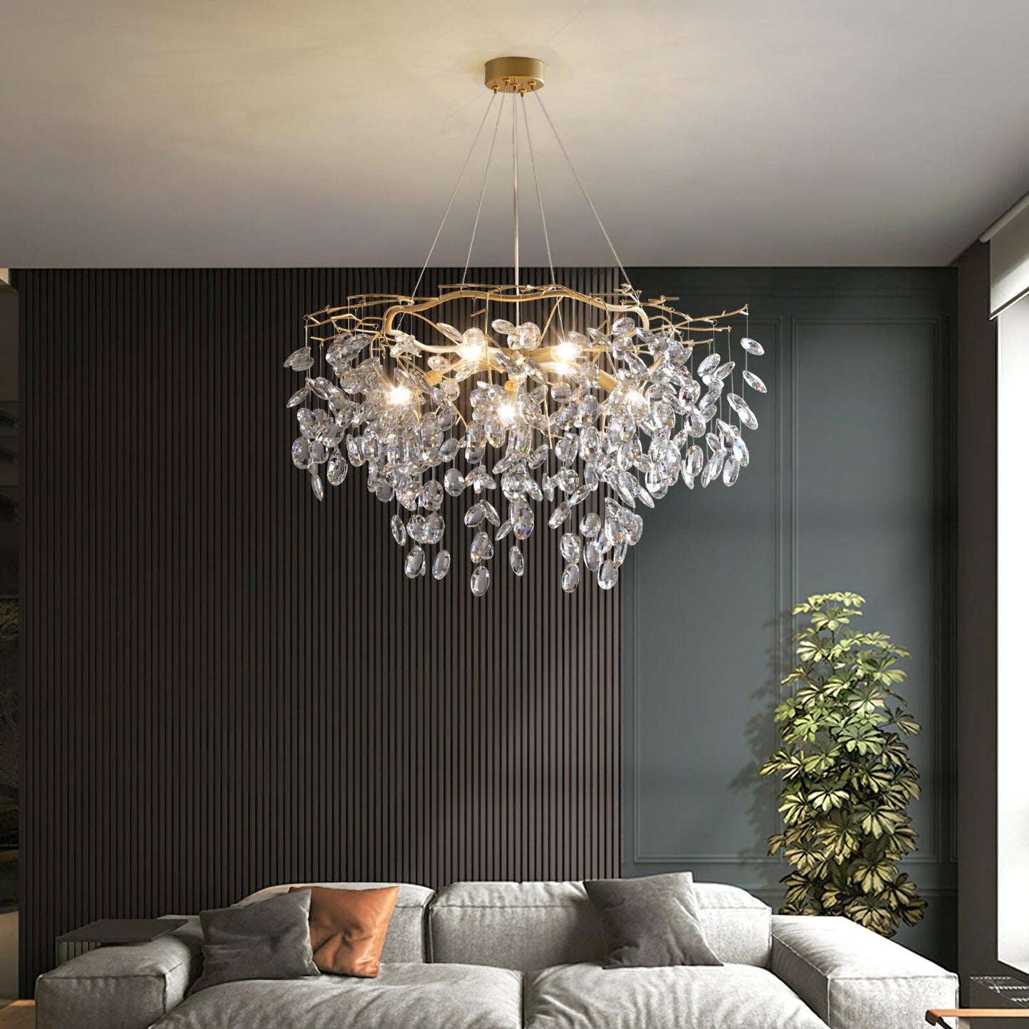 Sofia Brass Clear Crystal Round Branch Chandelier LED