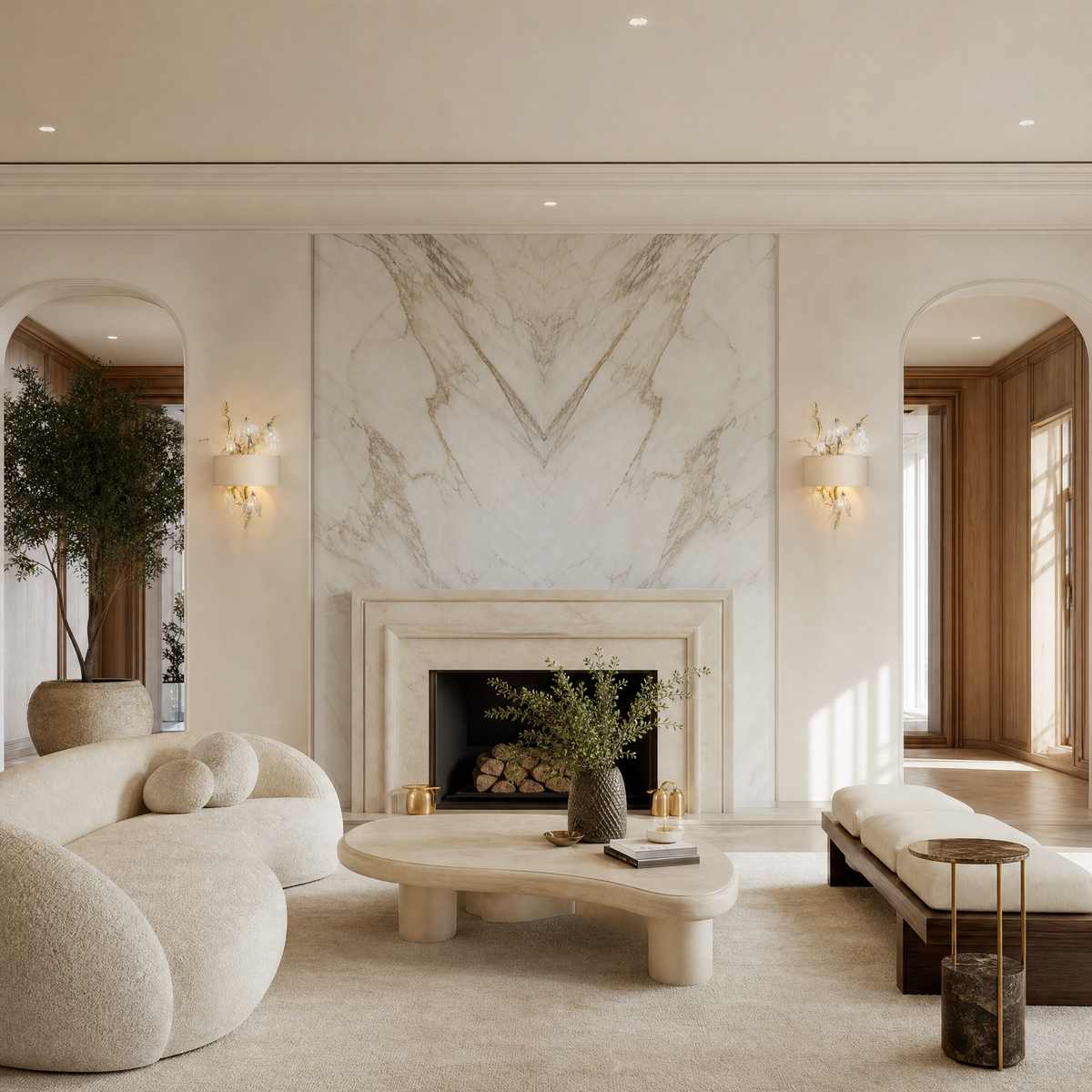 A gold metal branch wall sconce with clear crystal songbird accents and an off-white fabric drum shade.