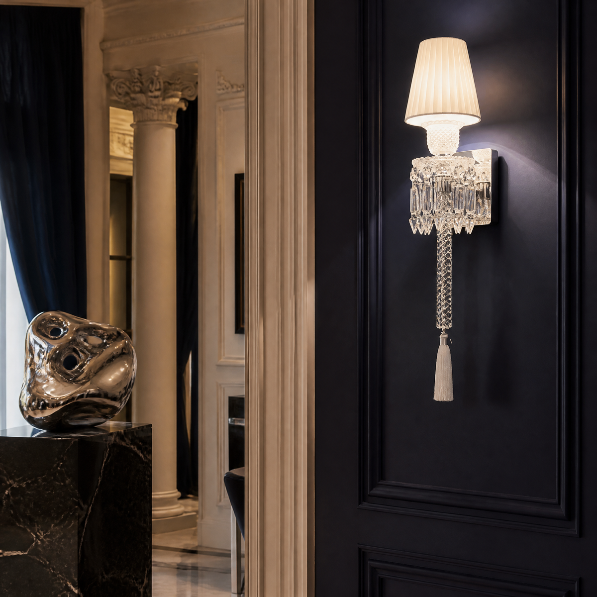 Tasseled Columnar Crystal Fabric Shade Wall Sconce
