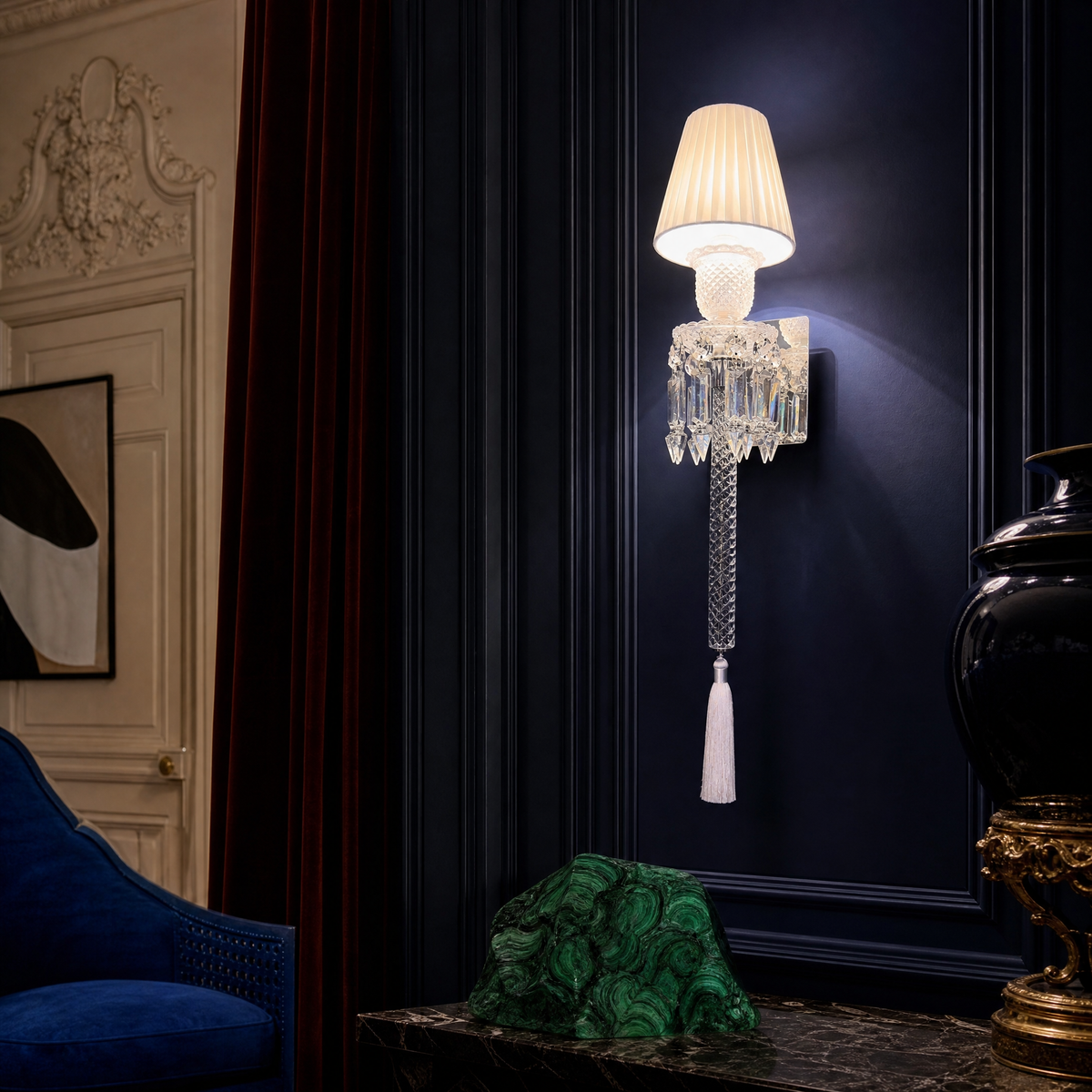 Tasseled Columnar Crystal Fabric Shade Wall Sconce