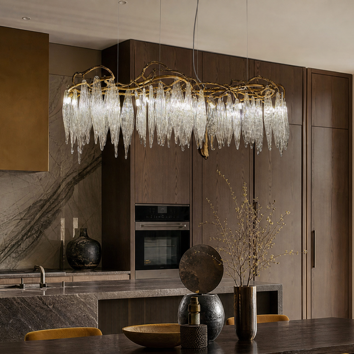 Textured Crystal Leaf Chandelier with Antique Brass Metal Frame