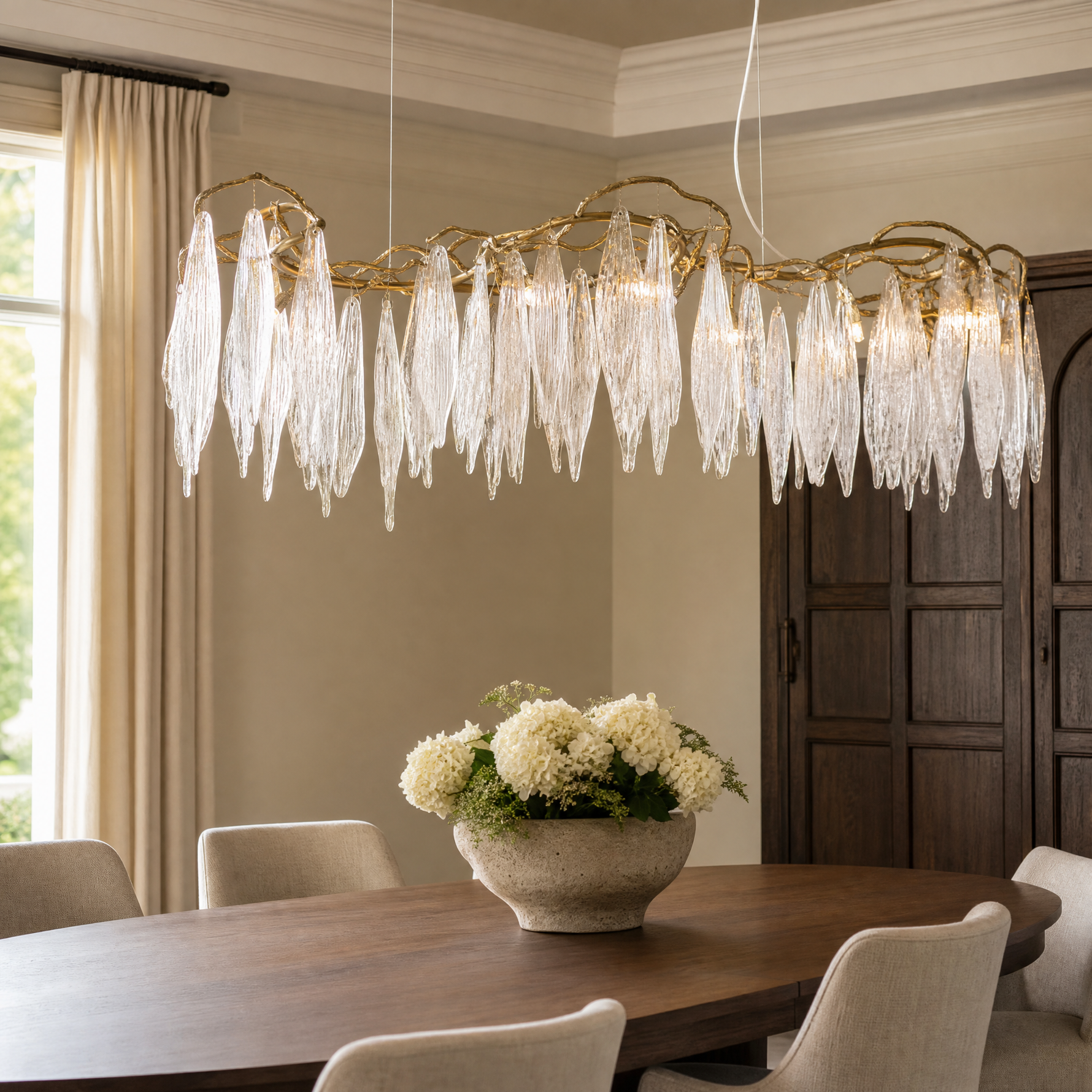 Textured Crystal Leaf Chandelier with Antique Brass Metal Frame