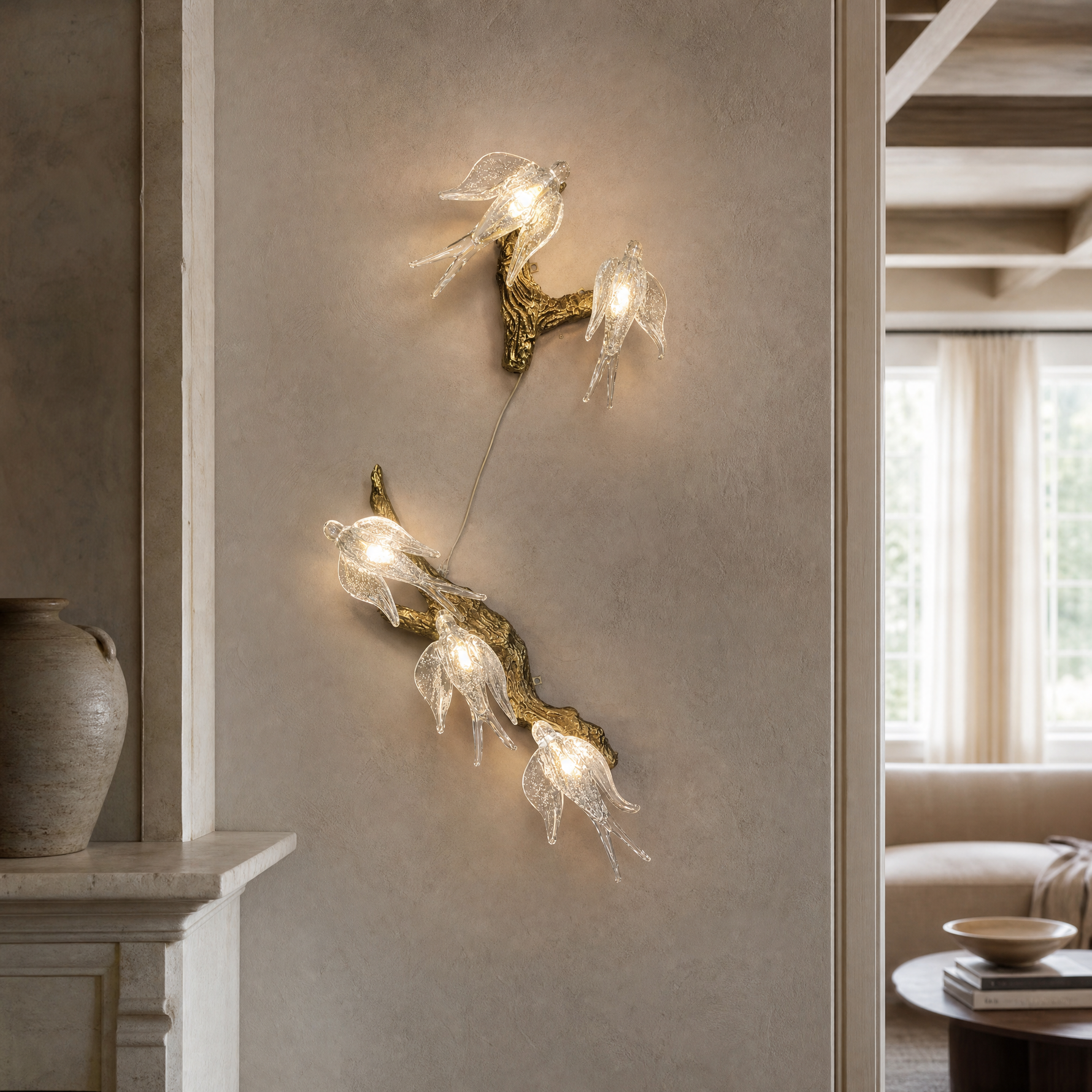 Textured Glass Bloom Branch Wall Sconce in Antique Brass