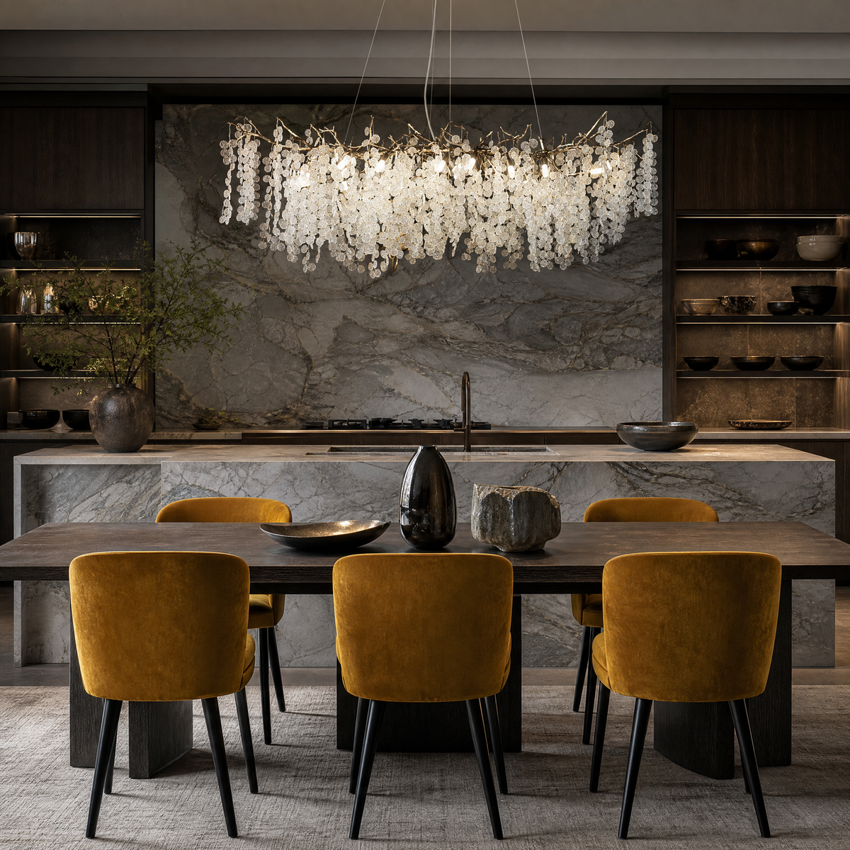 Textured Glass Disc Branch Chandelier in Gold Finish