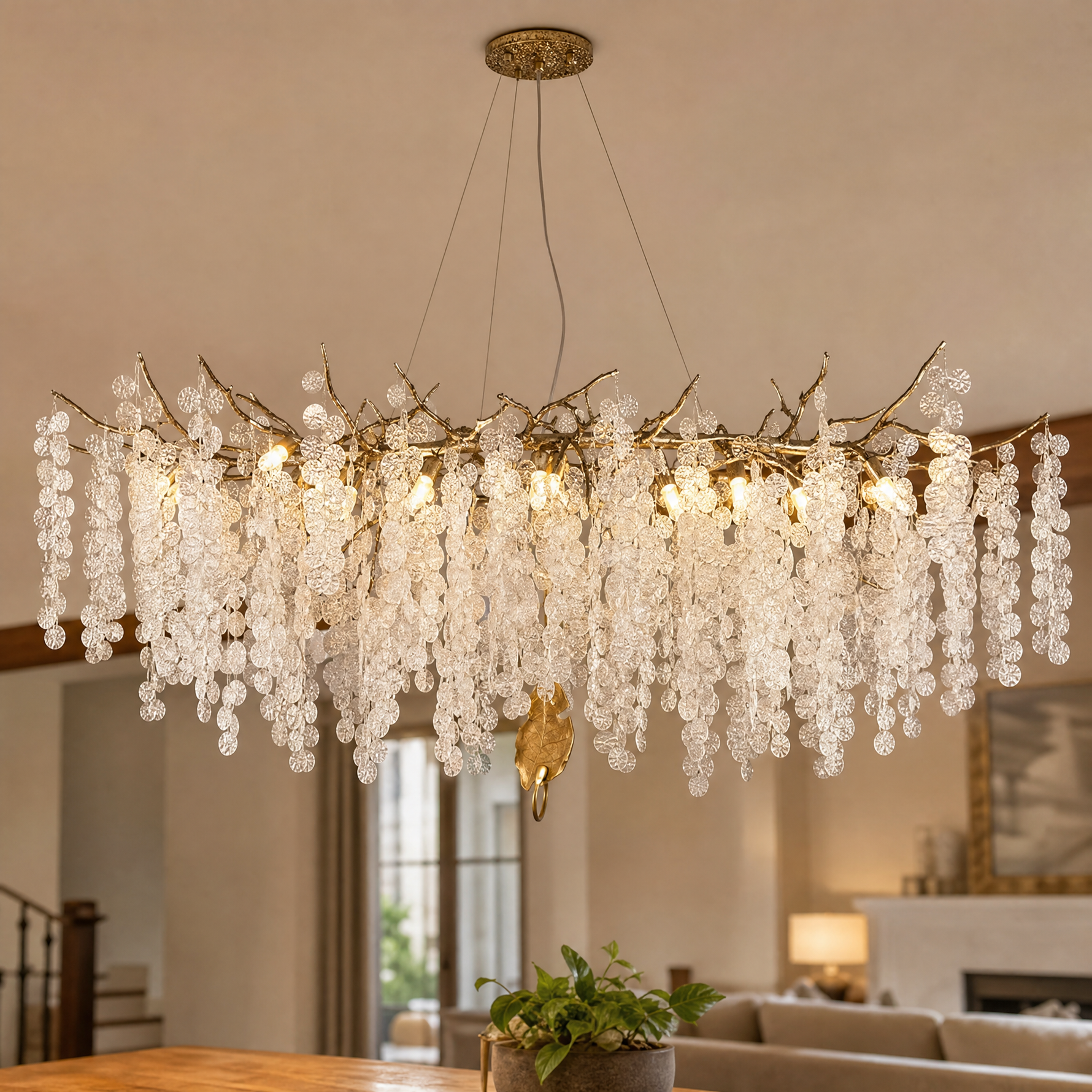 Textured Glass Disc Branch Chandelier in Gold Finish
