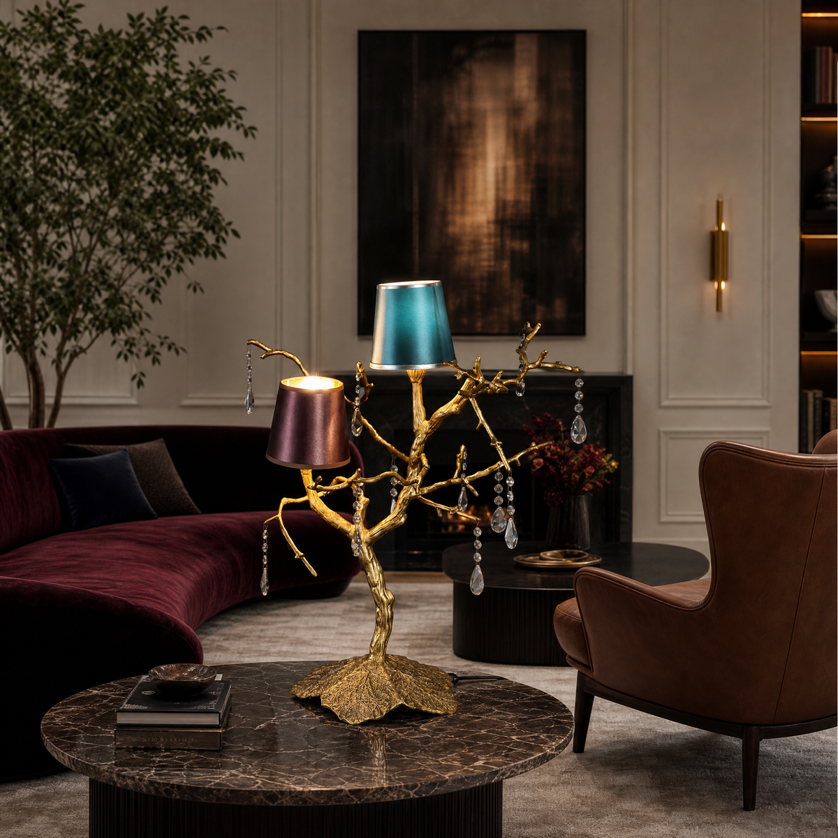 Textured Gold Metal and Crystal Branch Table Lamp