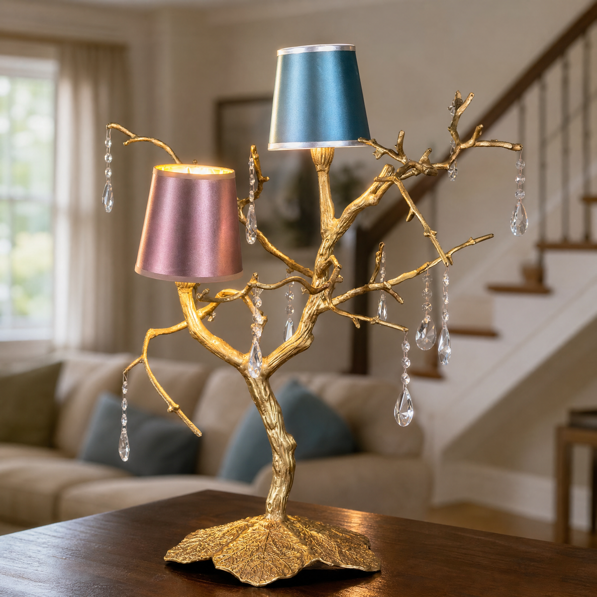 Textured Gold Metal and Crystal Branch Table Lamp