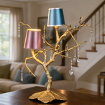 Textured Gold Metal and Crystal Branch Table Lamp