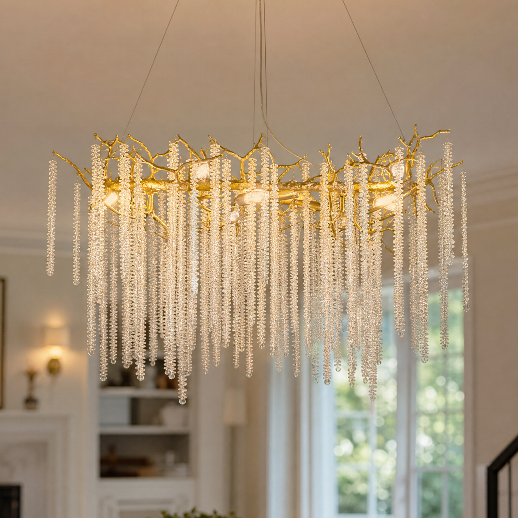 Textured Gold Metal and Crystal Rainfall Chandelier