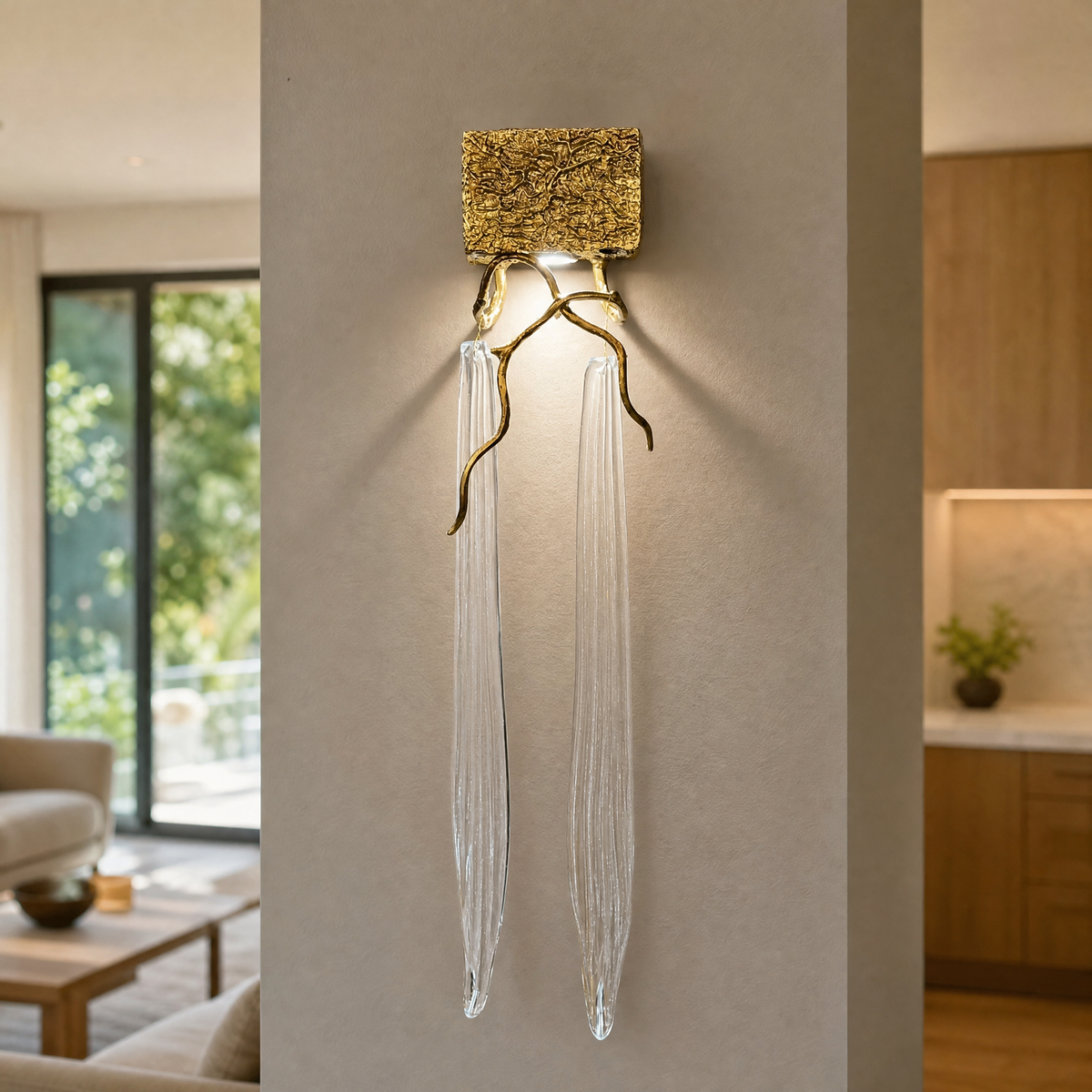 Textured Gold Organic Branch Crystal Wall Sconce