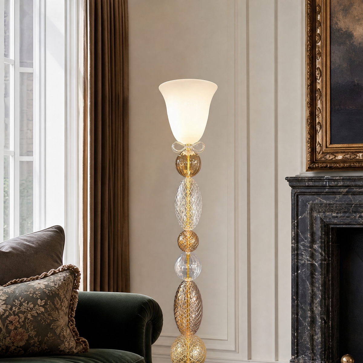 Textured Multi-Colored Glass Torchiere Floor Lamp