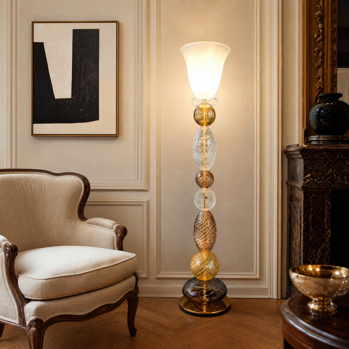 Textured Multi-Colored Glass Torchiere Floor Lamp