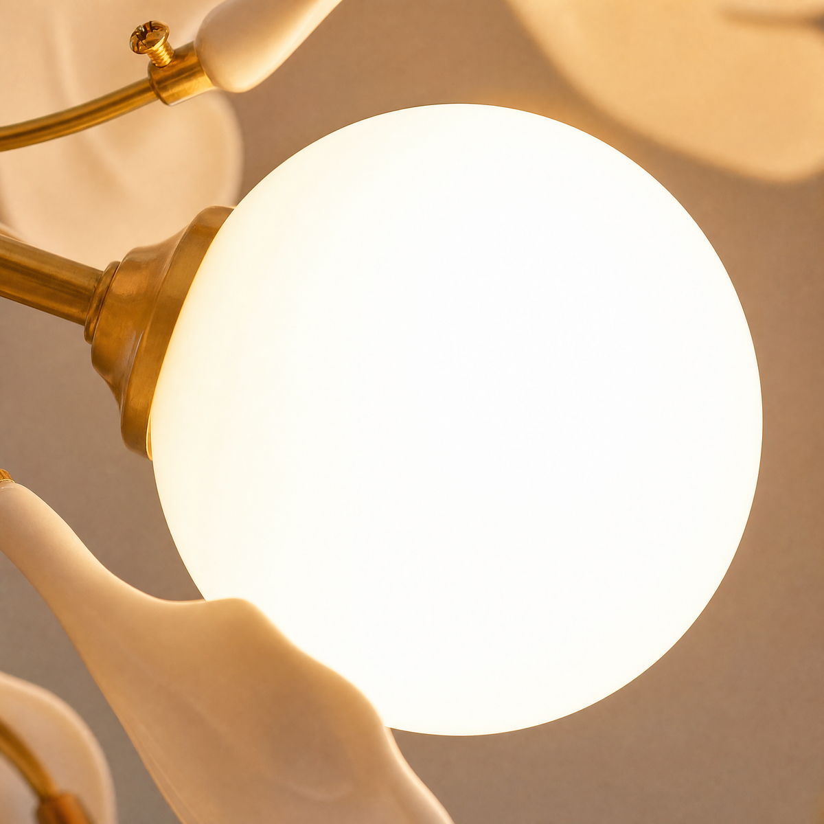 Thalia Ginkgo Leaf Chandelier with White Glass Globes and Ceramic Leaves