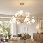 Thalia Ginkgo Leaf Chandelier with White Glass Globes and Ceramic Leaves