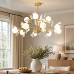 Thalia Ginkgo Leaf Chandelier with White Glass Globes and Ceramic Leaves