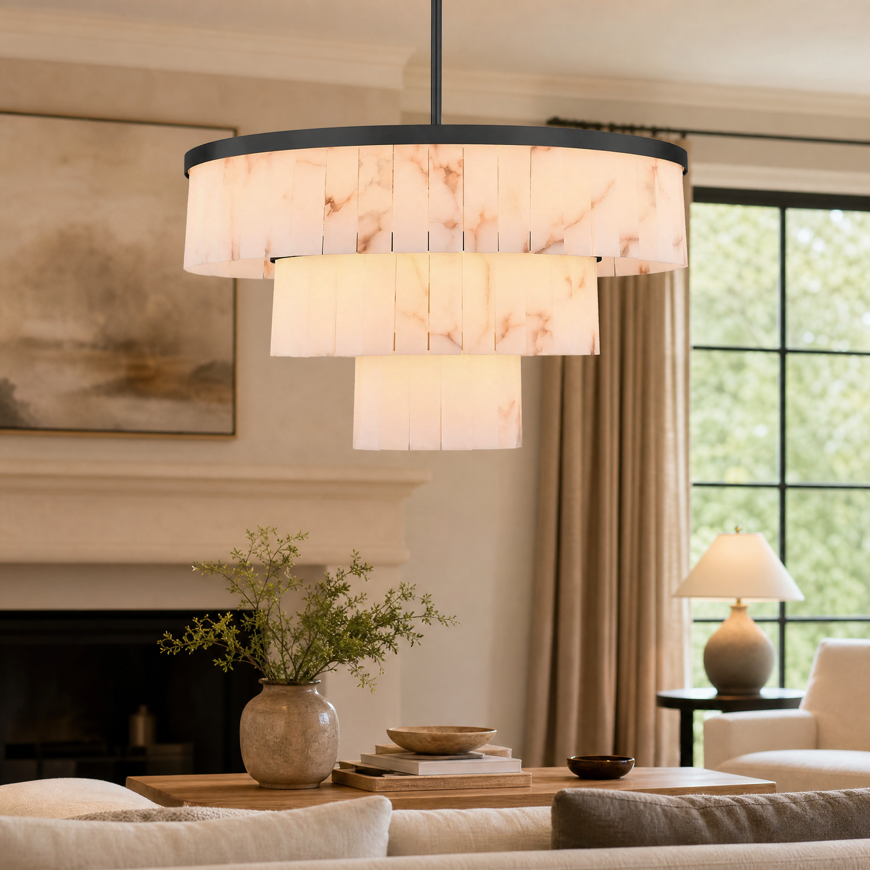 Three-Tier Stacked Marble Round Pendant 900 - Black