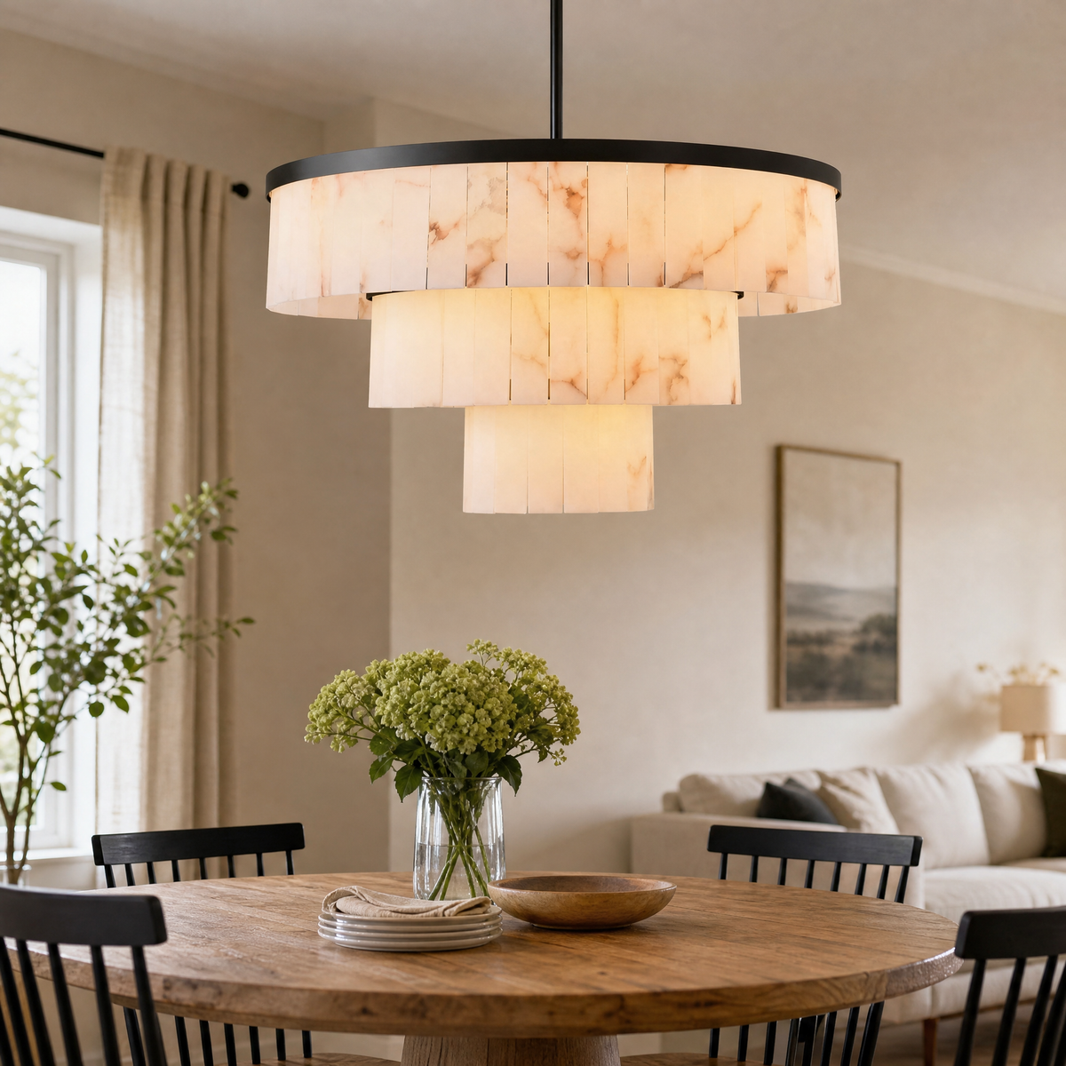 Three-Tier Stacked Marble Round Pendant 900 - Black