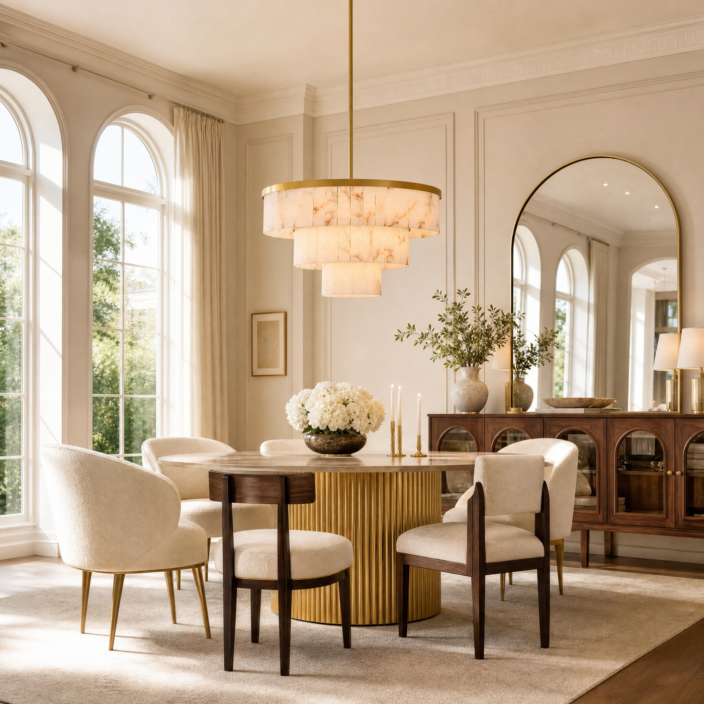 34.3" 3-Tier Alabaster Round Chandelier - Gold