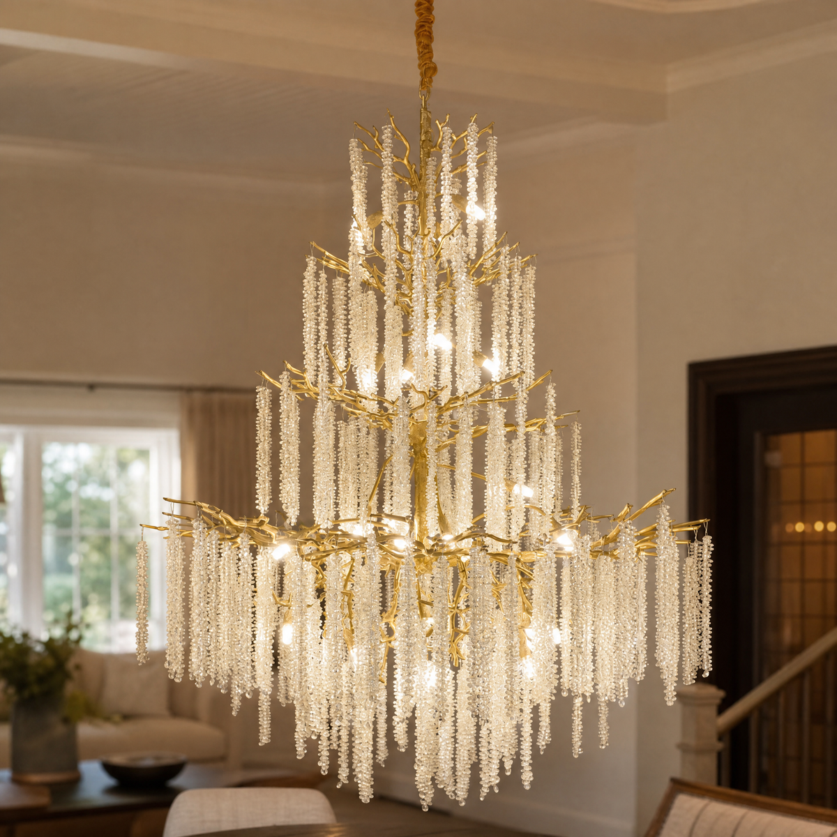 Tiered Gold Branch Chandelier with Cascading Crystal Droplets