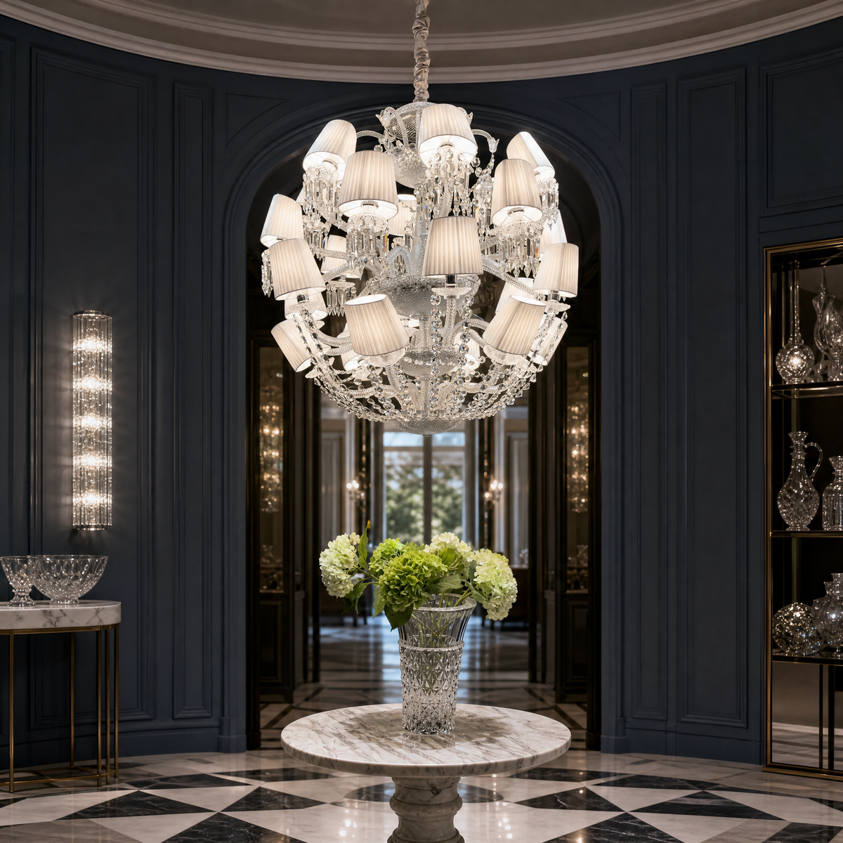 Tiered White Pleated Shade Crystal Chandelier