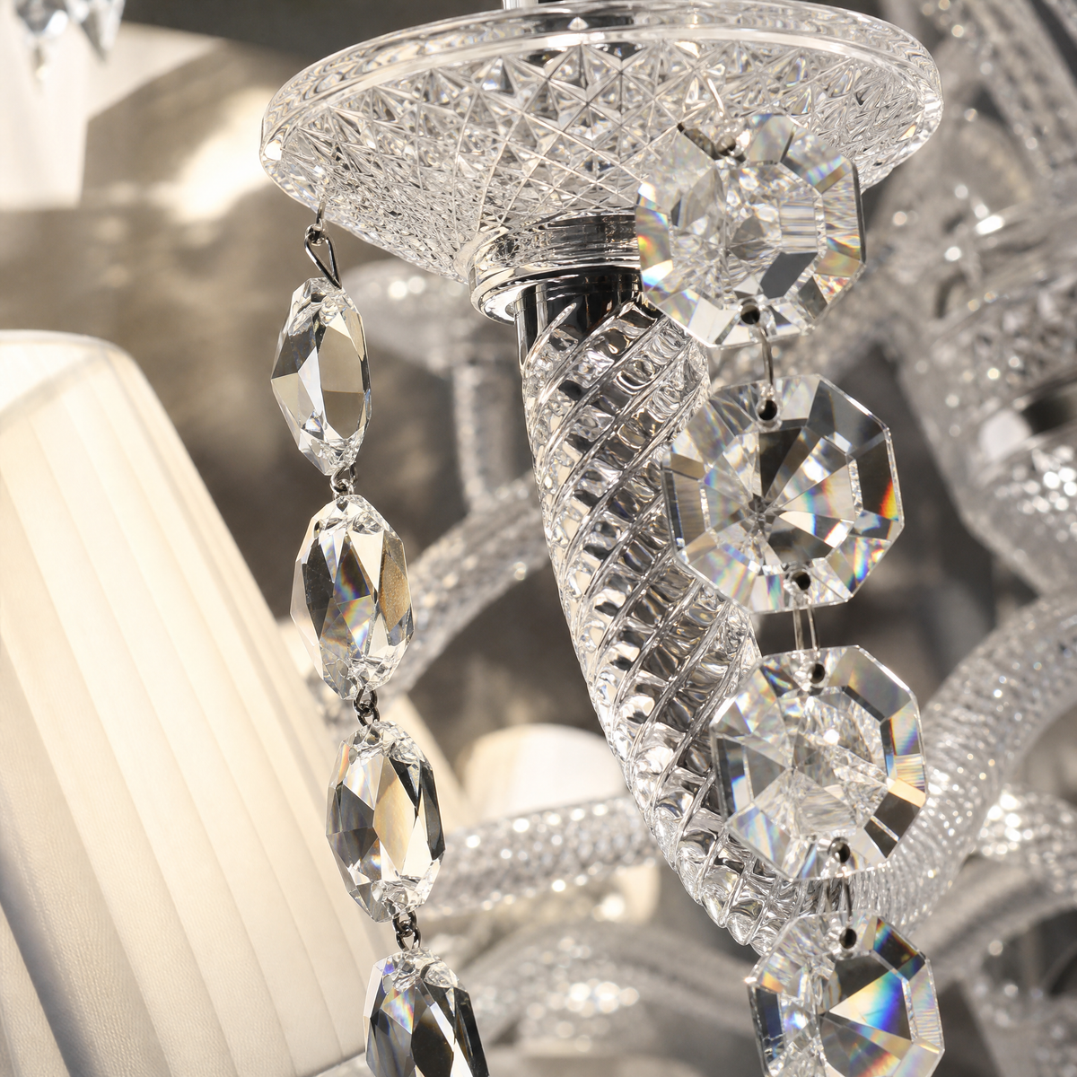 Tiered White Pleated Shade Crystal Chandelier