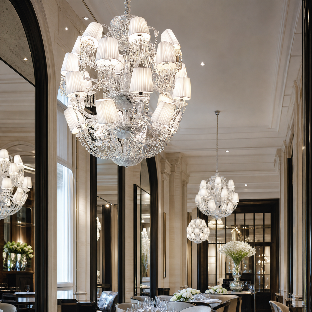 Tiered White Pleated Shade Crystal Chandelier