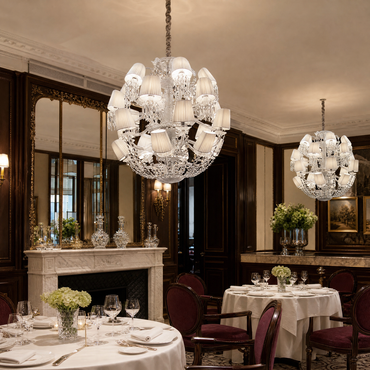 Tiered White Pleated Shade Crystal Chandelier