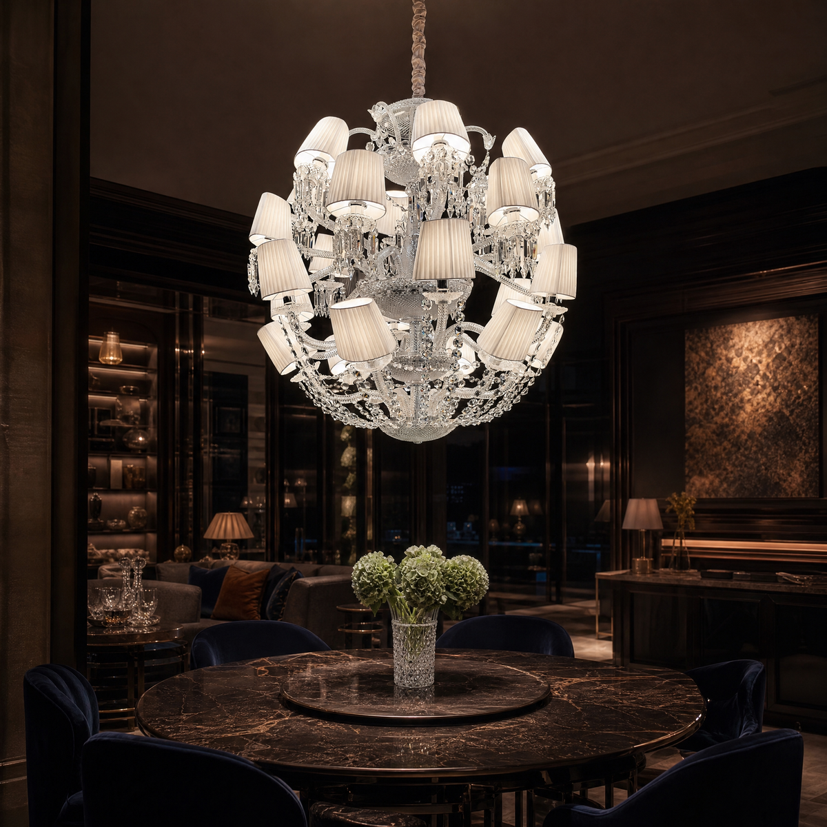 Tiered White Pleated Shade Crystal Chandelier