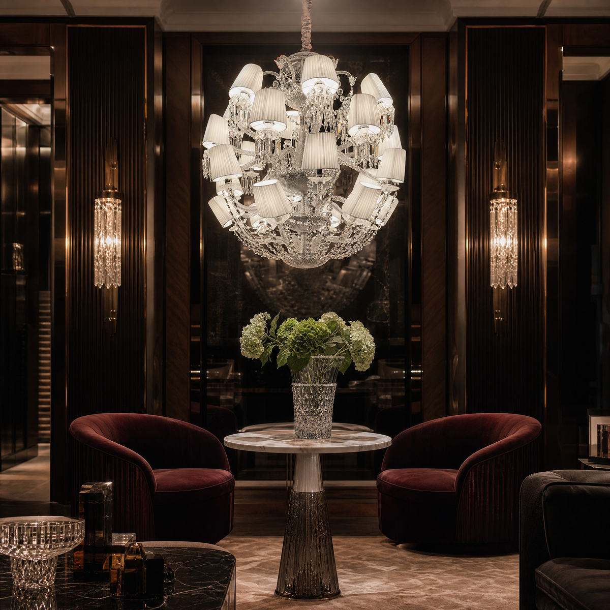 Tiered White Pleated Shade Crystal Chandelier