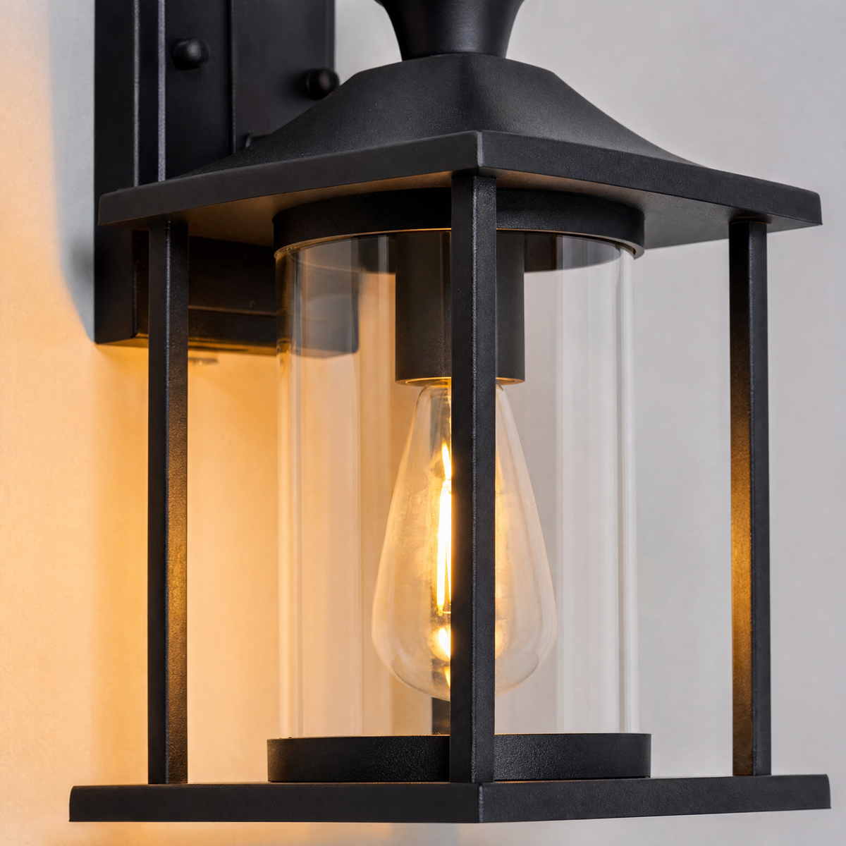 Traditional Matte Black Steel Outdoor Wall Lantern with Clear Glass