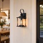 Traditional Matte Black Steel Outdoor Wall Lantern with Clear Glass