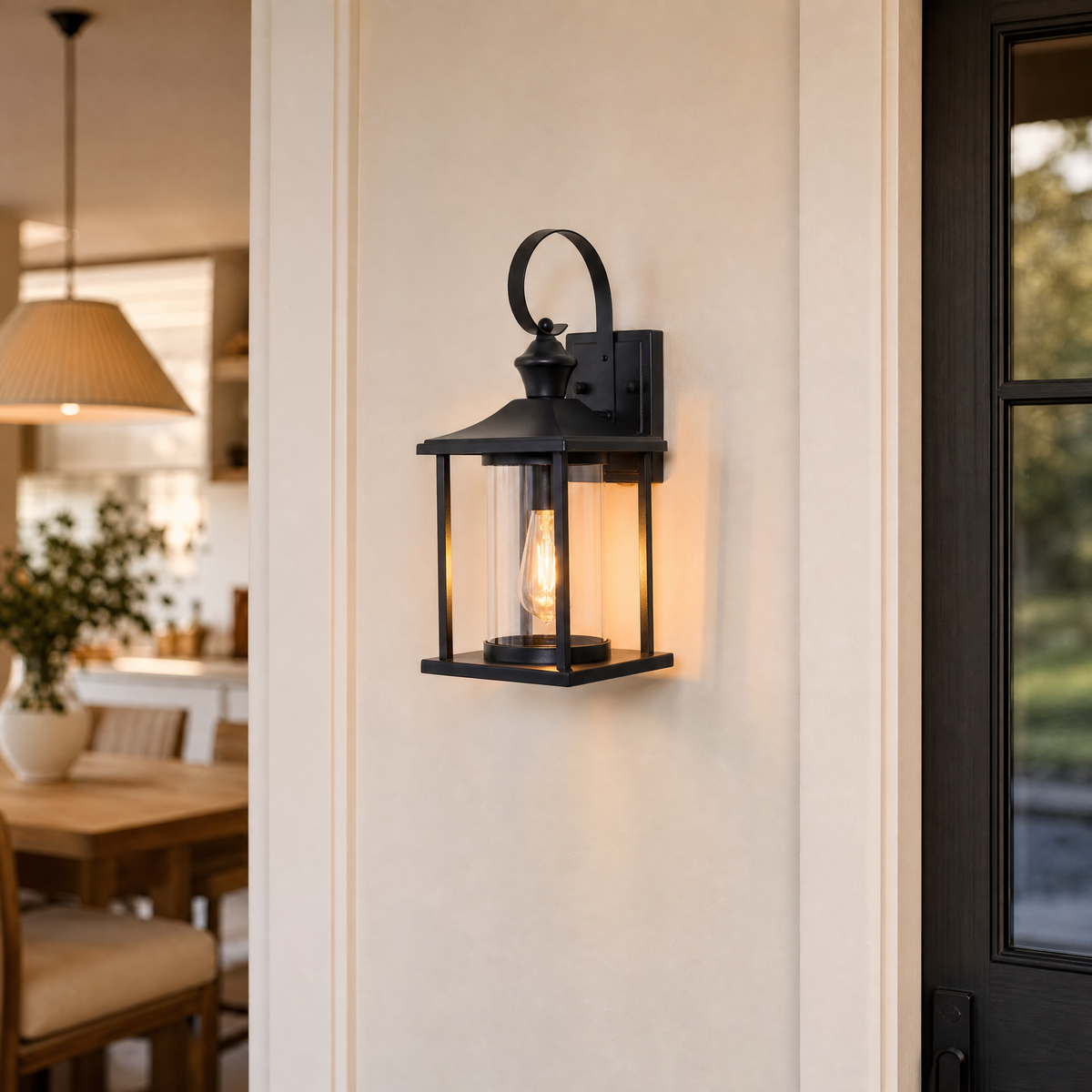 Traditional Matte Black Steel Outdoor Wall Lantern with Clear Glass