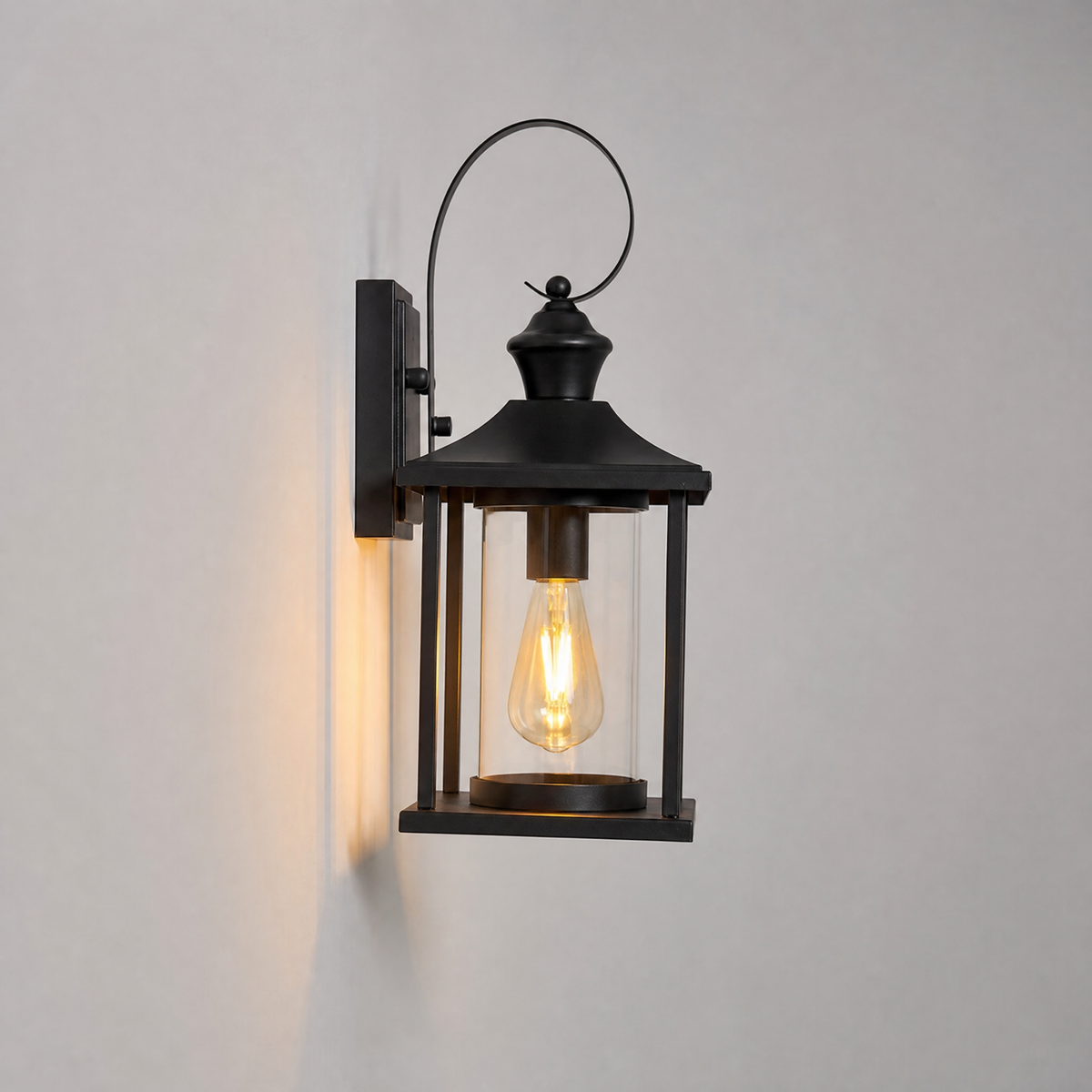 Traditional Matte Black Steel Outdoor Wall Lantern with Clear Glass