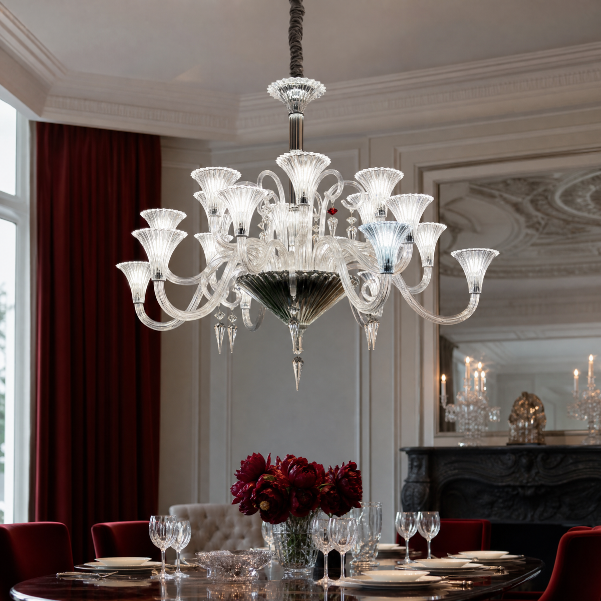 Trumpet Fluted Glass Curved Arms Chandelier