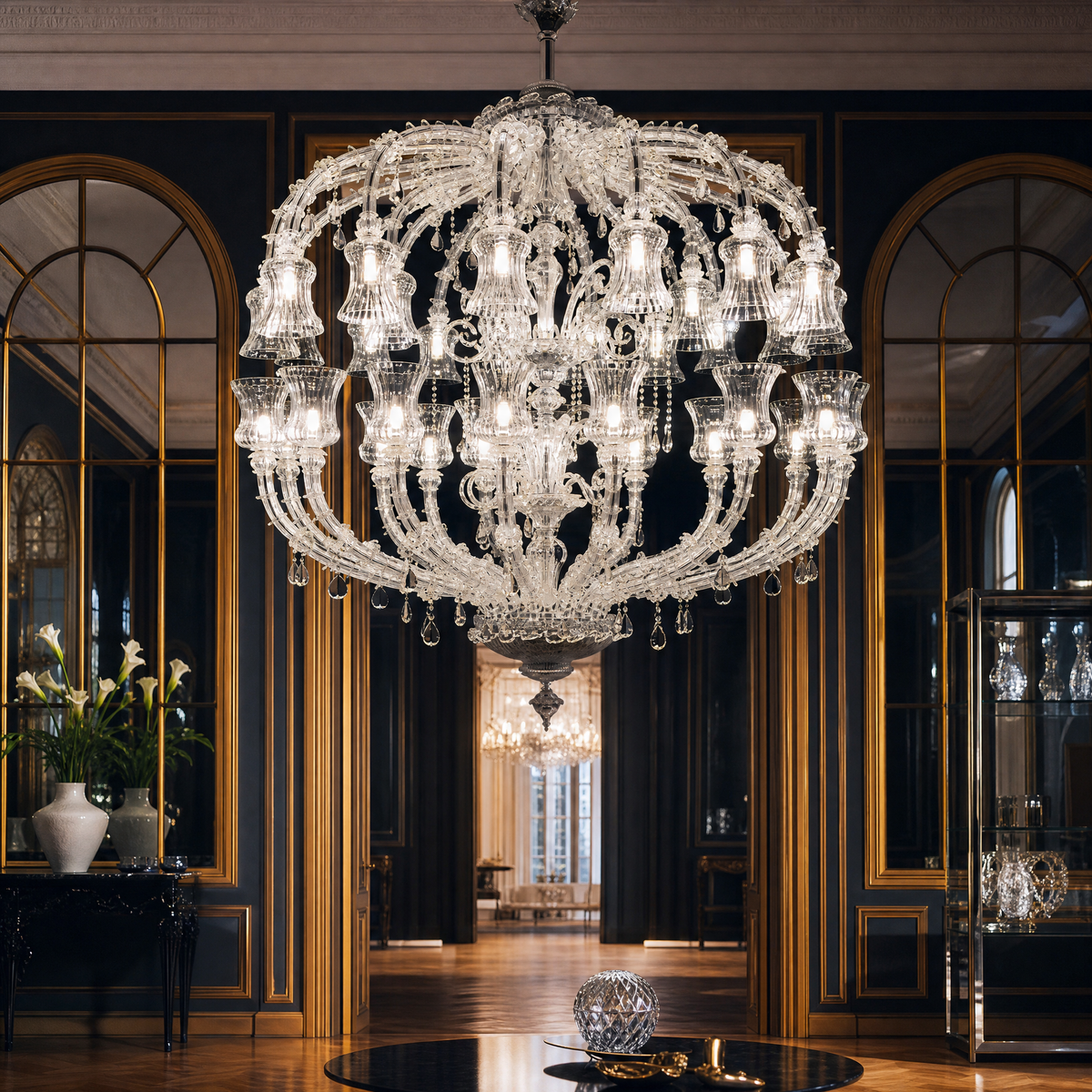 Two-Tiered Fluted Glass Prism Drop Chandelier