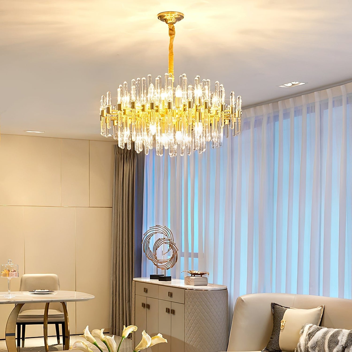 Vintage Antique Brass Chandelier with Clear Glass Rods – Elegant Starburst Lighting