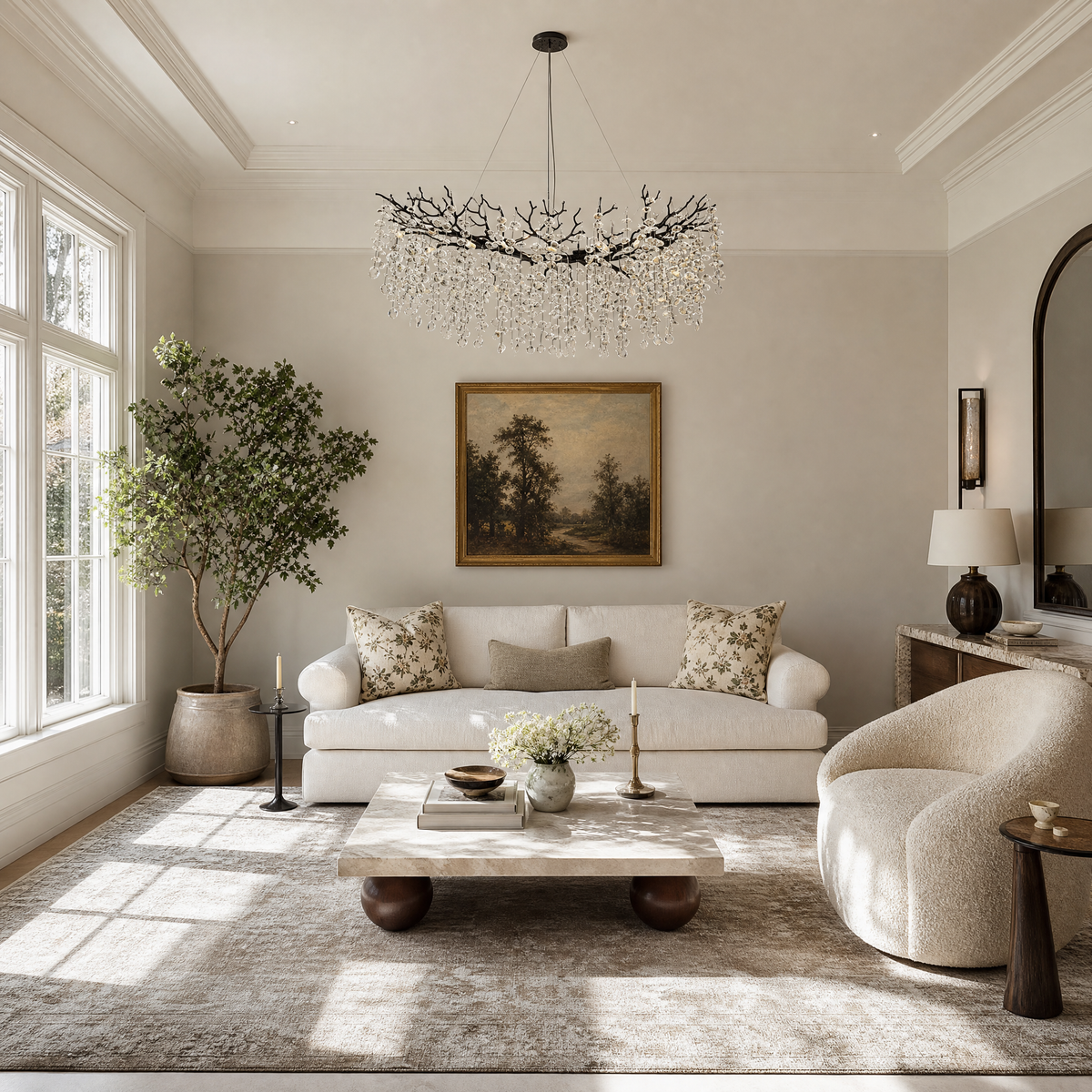 A modern matte black metal branch chandelier adorned with cascading clear crystal drops in a circular shape.