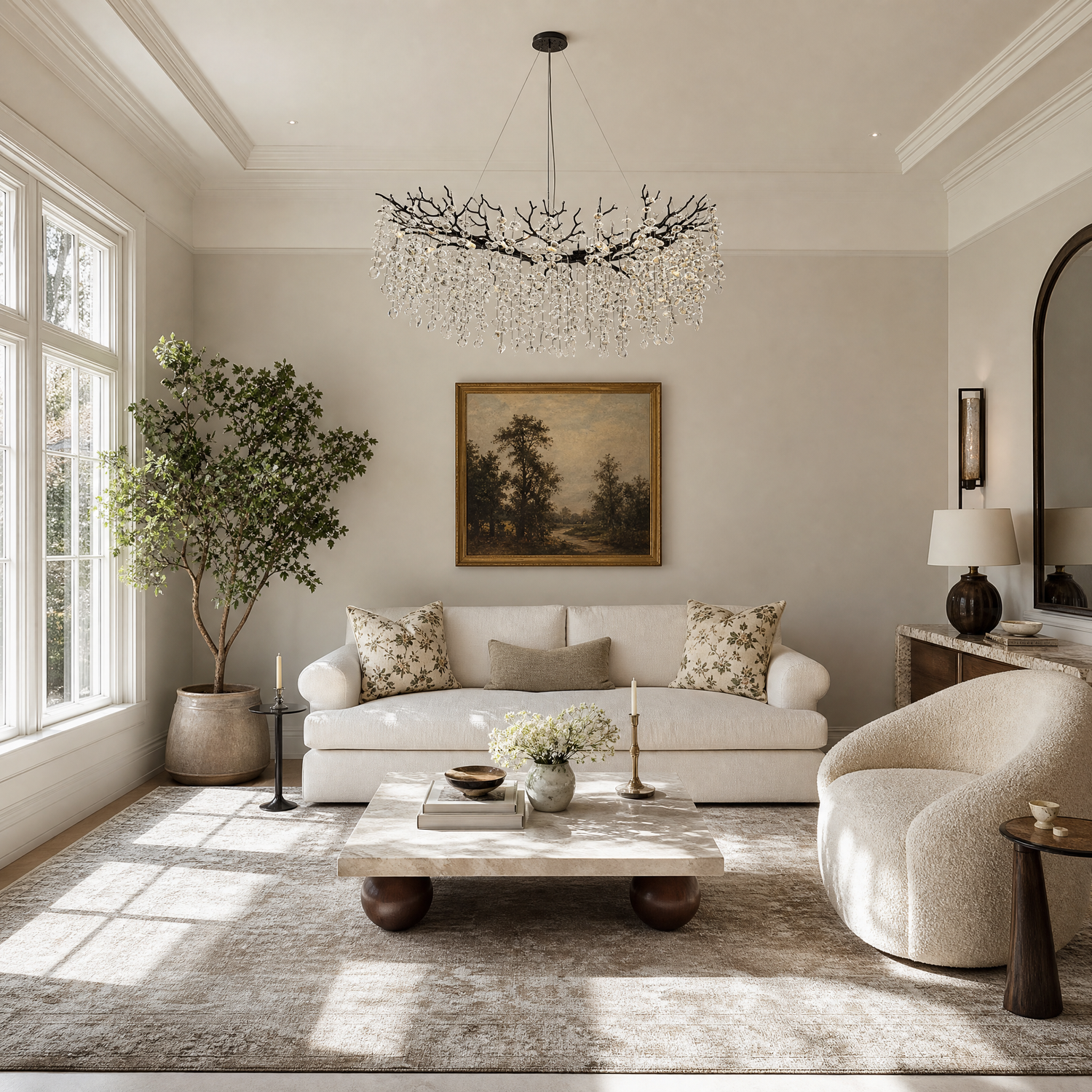 A modern matte black metal branch chandelier adorned with cascading clear crystal drops in a circular shape.
