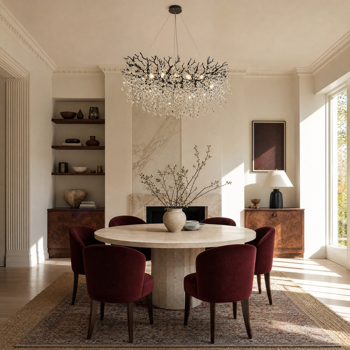 A modern matte black metal branch chandelier adorned with cascading clear crystal drops in a circular shape.