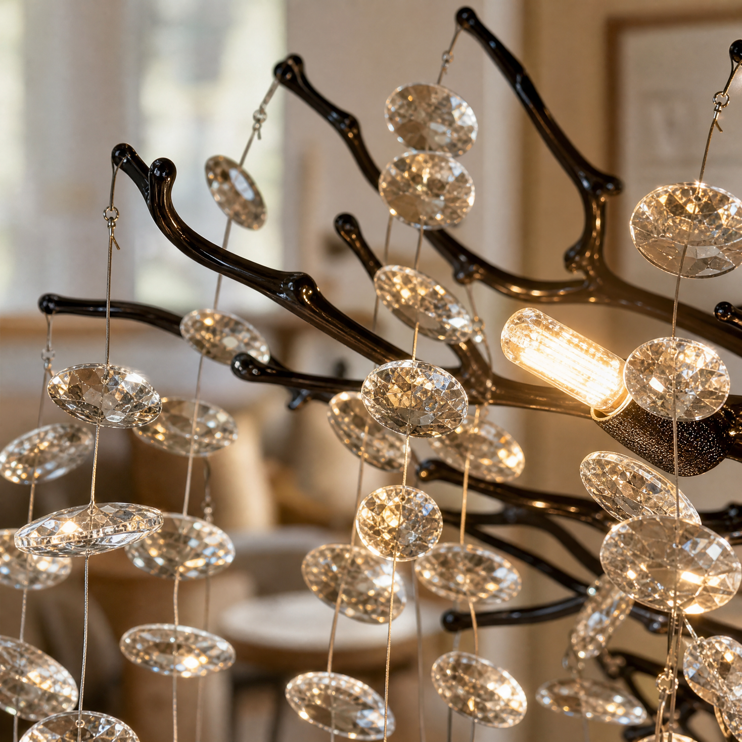 A modern matte black metal branch chandelier adorned with cascading clear crystal drops in a circular shape.