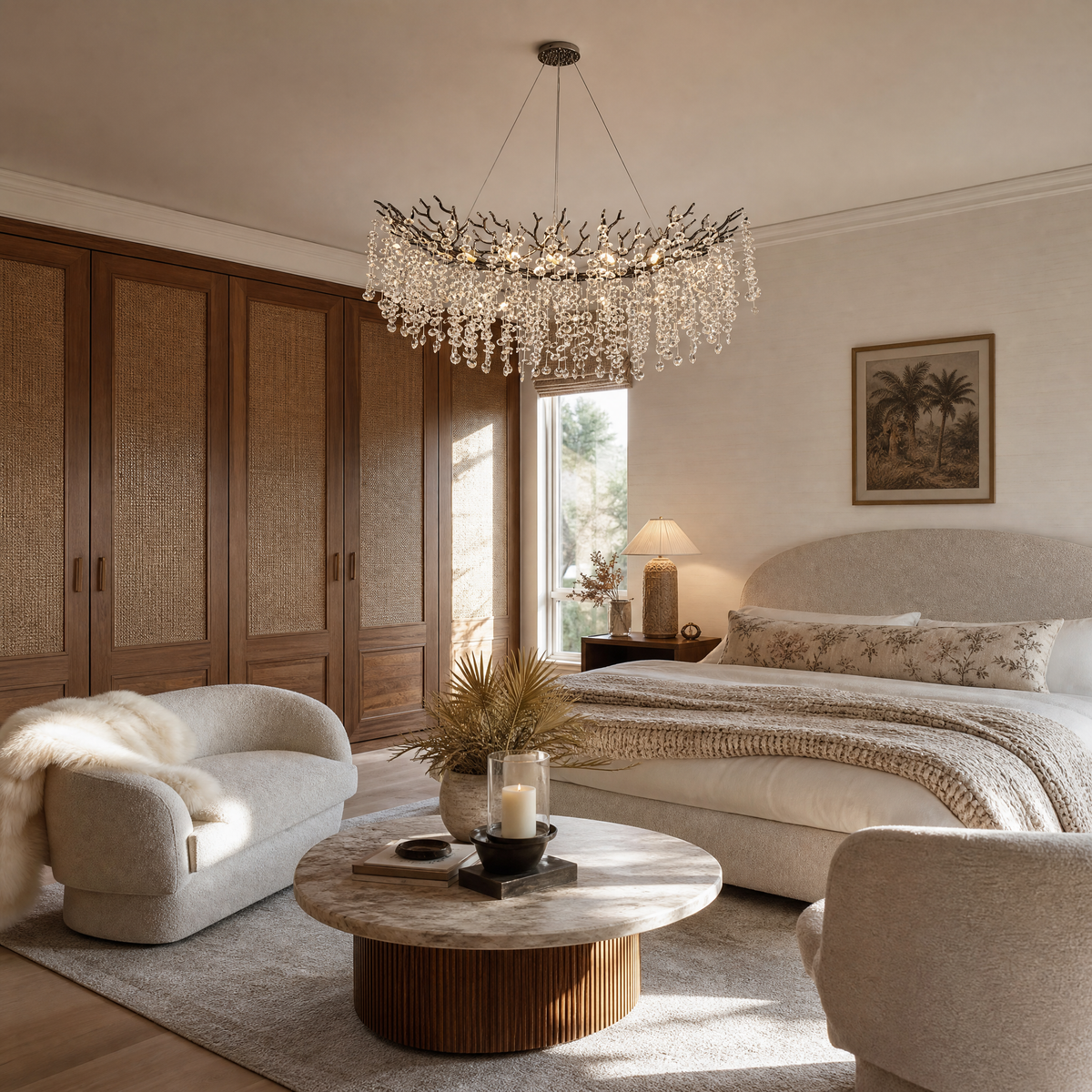 A modern matte black metal branch chandelier adorned with cascading clear crystal drops in a circular shape.