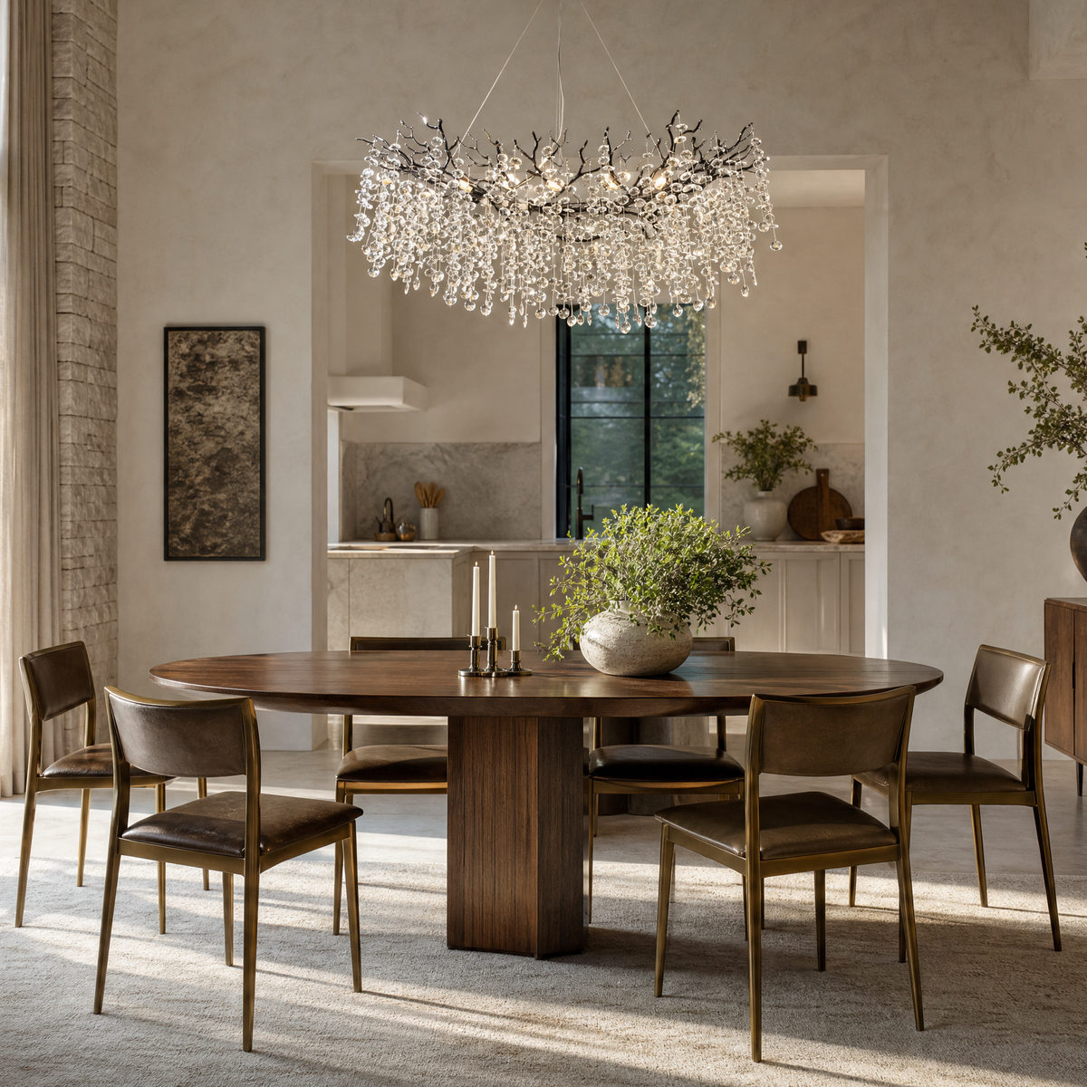 A modern matte black metal branch chandelier adorned with cascading clear crystal drops in a circular shape.