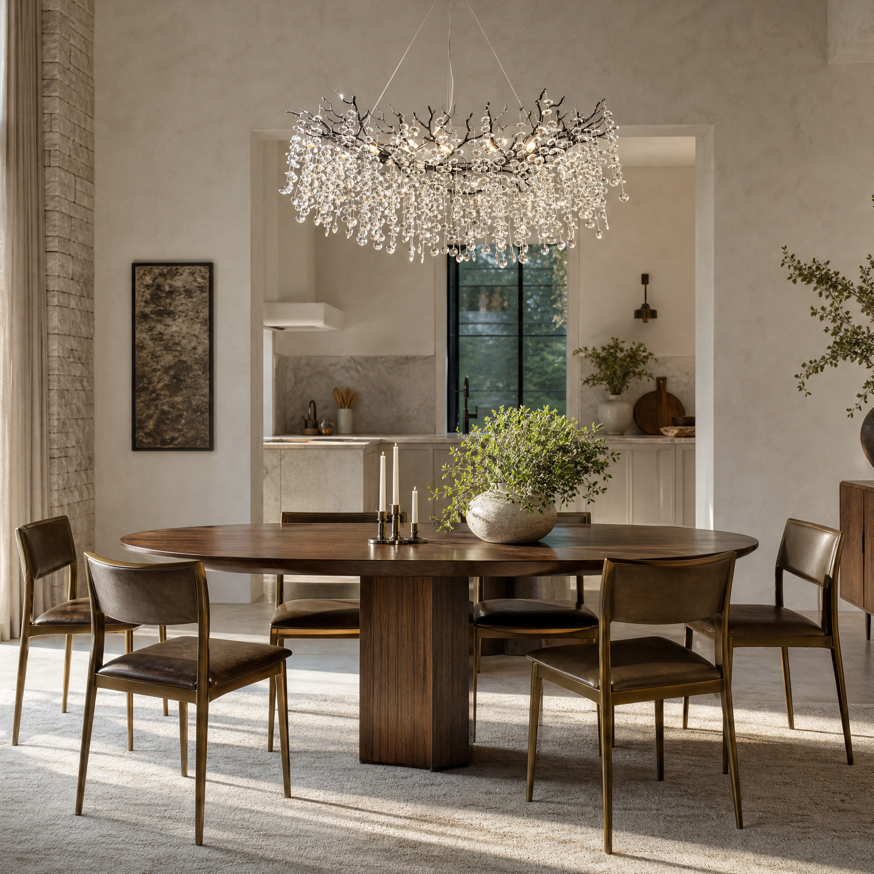 A modern matte black metal branch chandelier adorned with cascading clear crystal drops in a circular shape.
