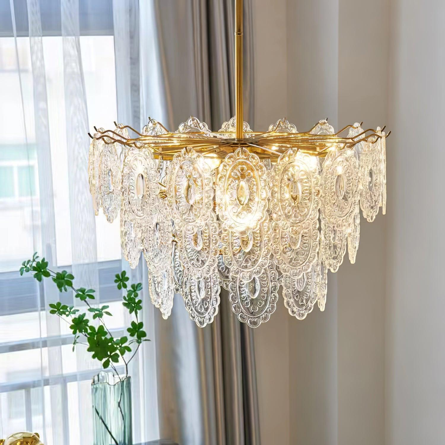 Gold Wave Glass Chandelier with Clear Crystal Panels