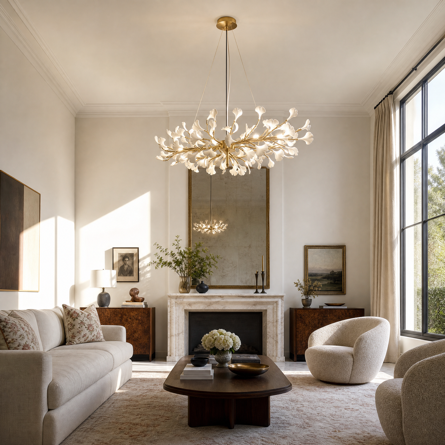 A long gold metal chandelier features white petal-shaped glass shades arranged in an organic branch silhouette.