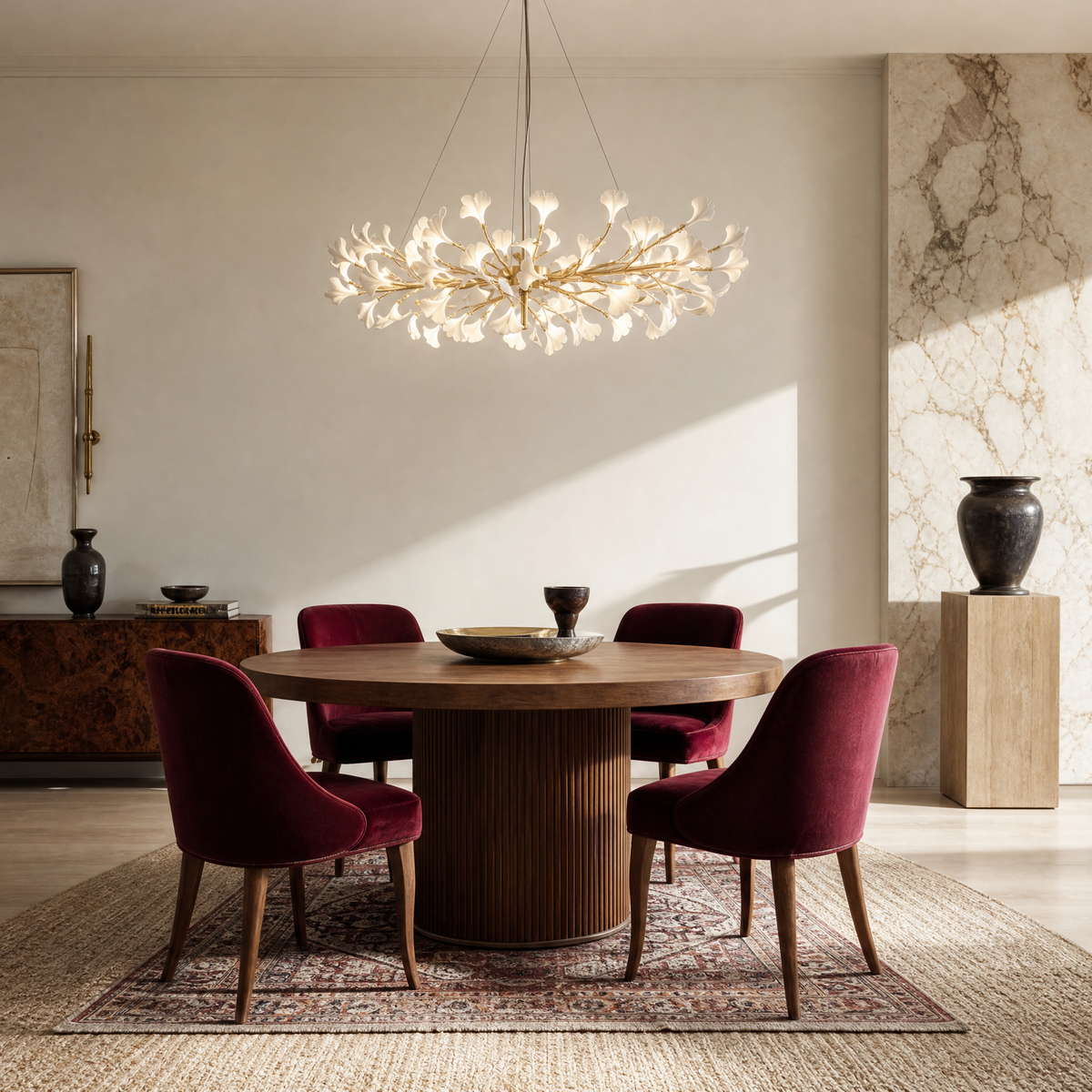 A long gold metal chandelier features white petal-shaped glass shades arranged in an organic branch silhouette.