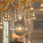 A large gold metal branch chandelier with cascading clear teardrop crystal glass droplets hanging in a waterfall silhouette.