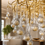 A large gold metal branch chandelier with cascading clear teardrop crystal glass droplets hanging in a waterfall silhouette.