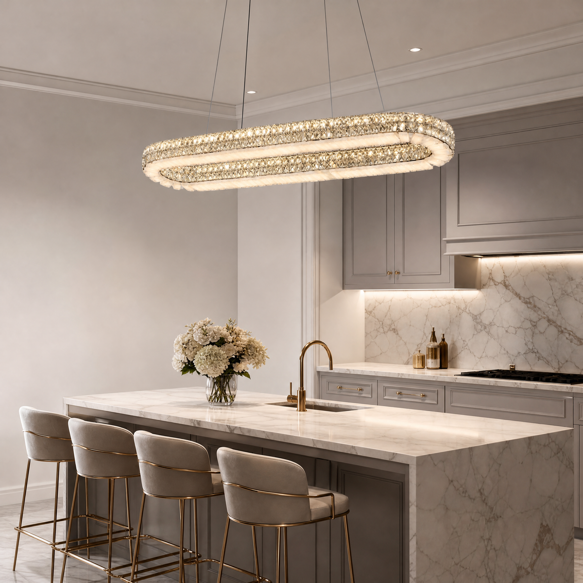 Yiosi Oval Crystal & Alabaster Chandelier 47"