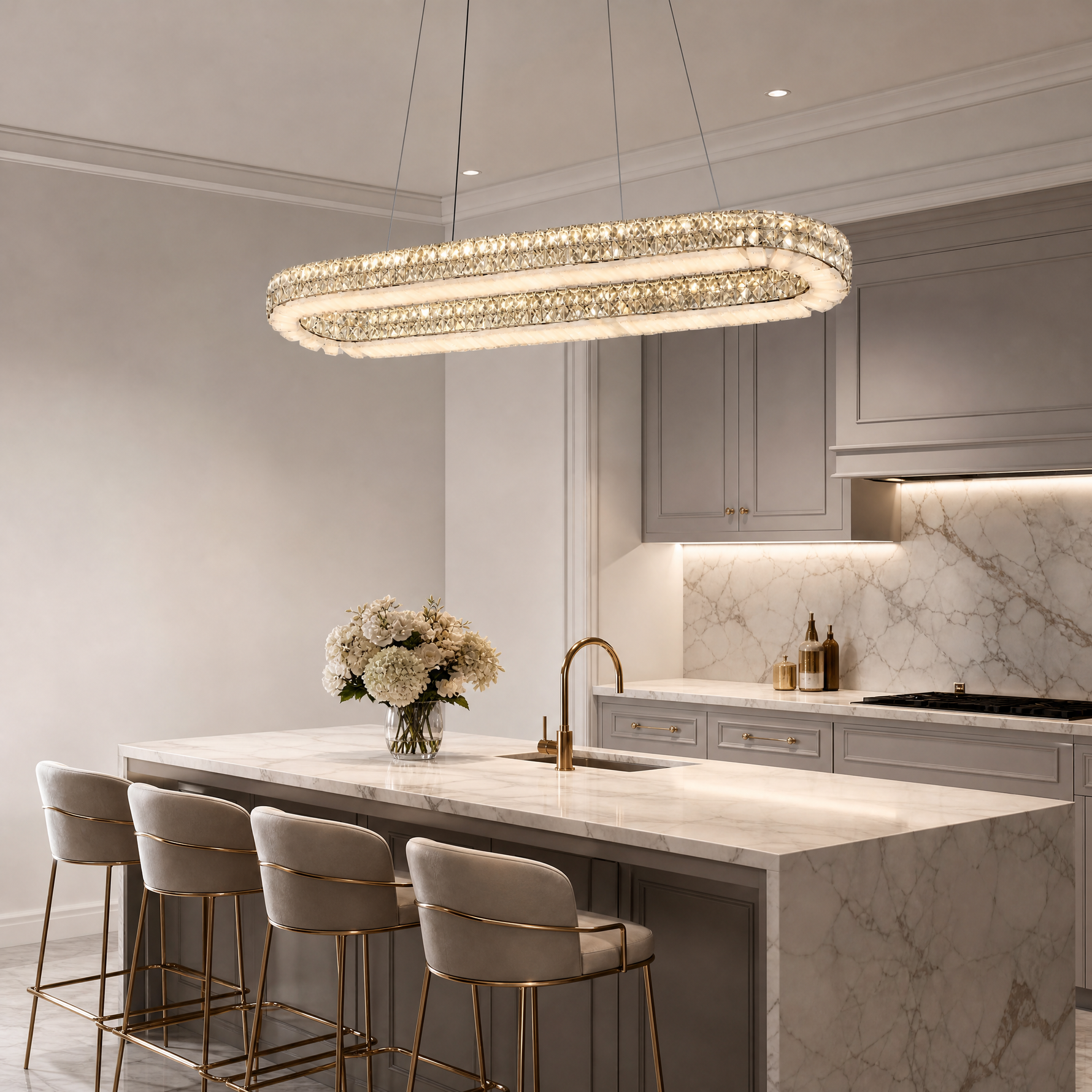 Yiosi Oval Crystal & Alabaster Chandelier 47"